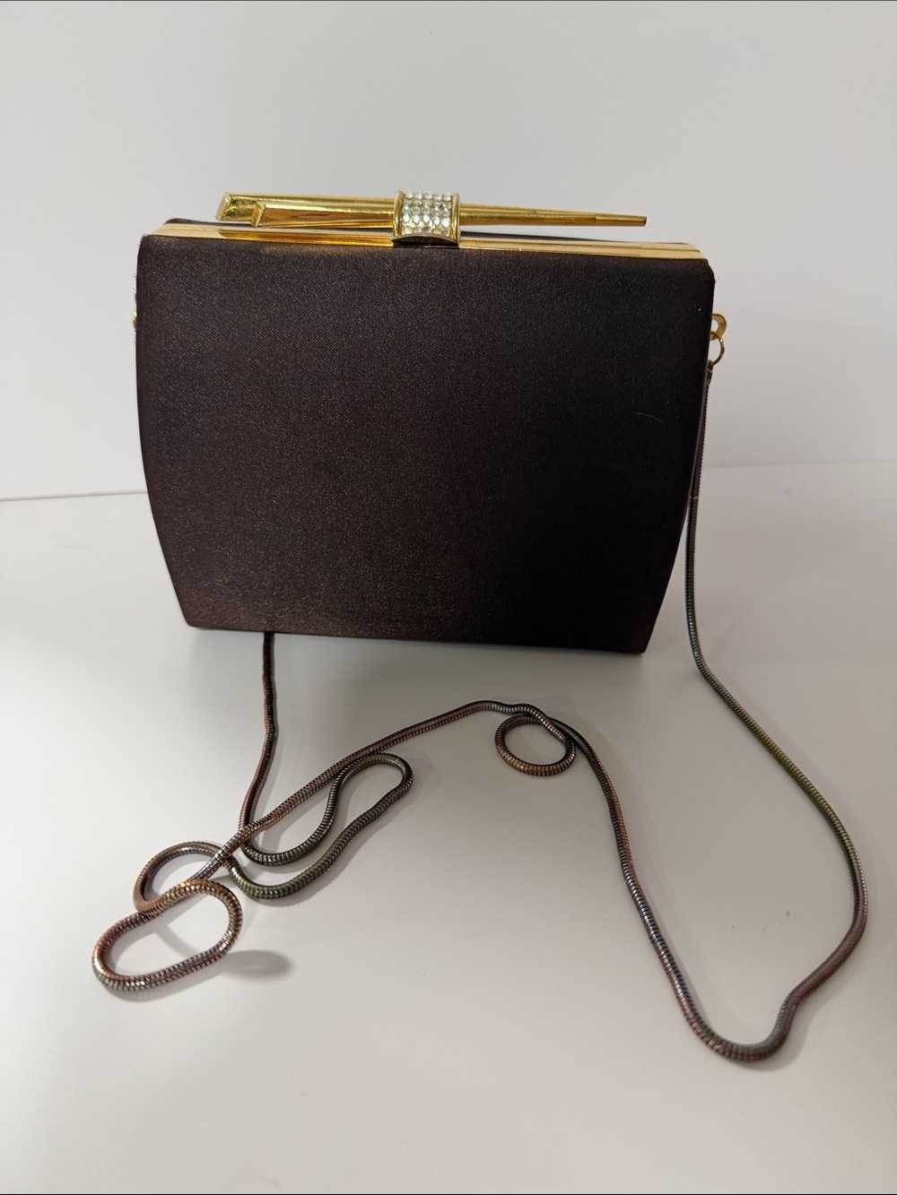 Vintage Stratton Satin Evening Clutch in Dark Brown with Gold Accent
